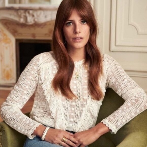 Sezane Madeleine Blouse Ecru Size 36 French US 4 Lace Embroidered Top Ruffle Dot - Picture 15 of 16